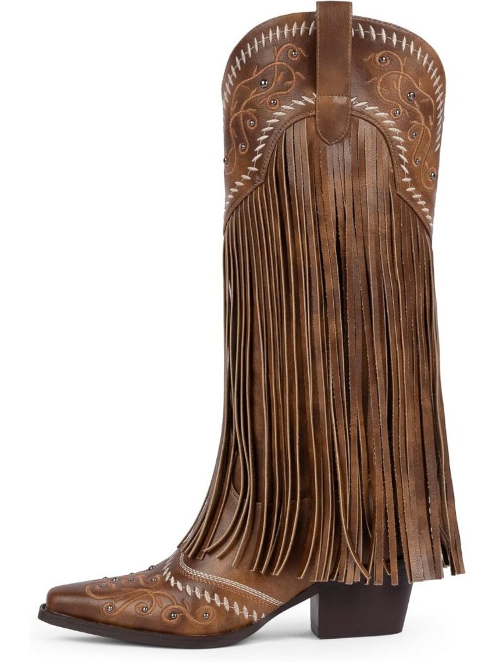 Women's Fringe Knee High Boots Embroidered Cowgirl Brown Pointed Toe Chunky Heel - Picture 4 of 6